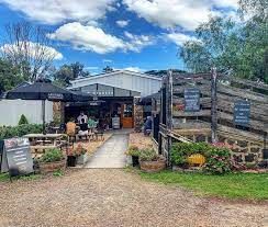 Cafe exterior with umbrellas, outdoor seating, and rustic wooden fence. Blue sky, green grass.