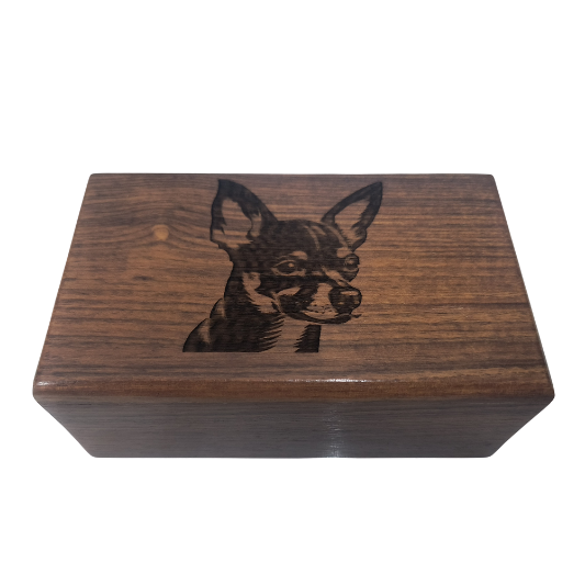 A wooden box with a picture of a chihuahua on it