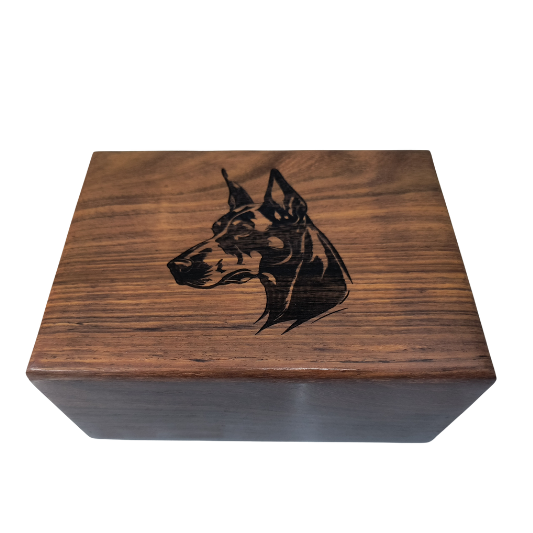A wooden box with a picture of a dog on it