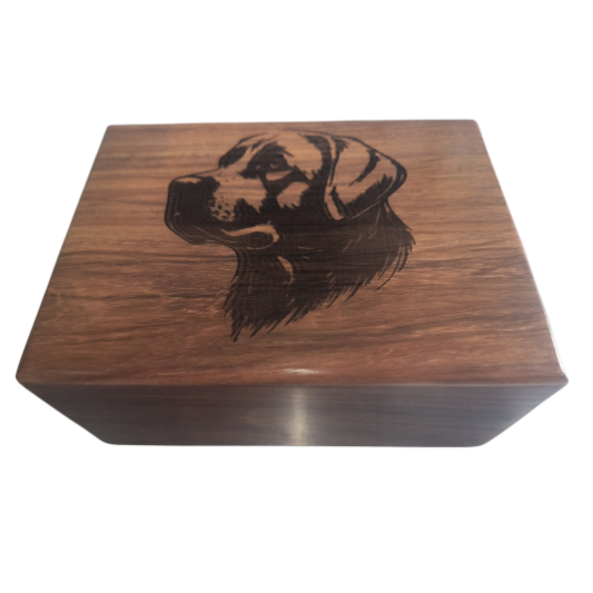 A wooden box with a picture of a dog on it