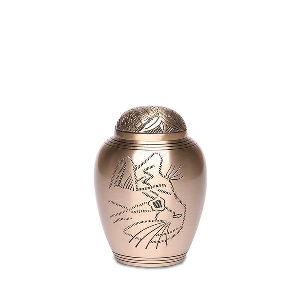 A small urn with a picture of a cat on it.
