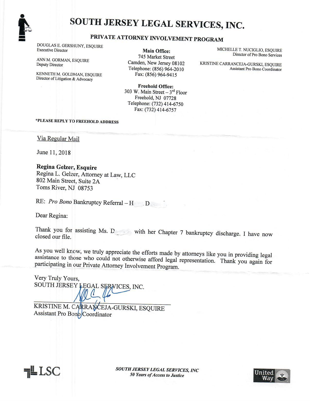 Scanned black-and-white letter from South Jersey Legal Services, Inc. with typed text and signatures.