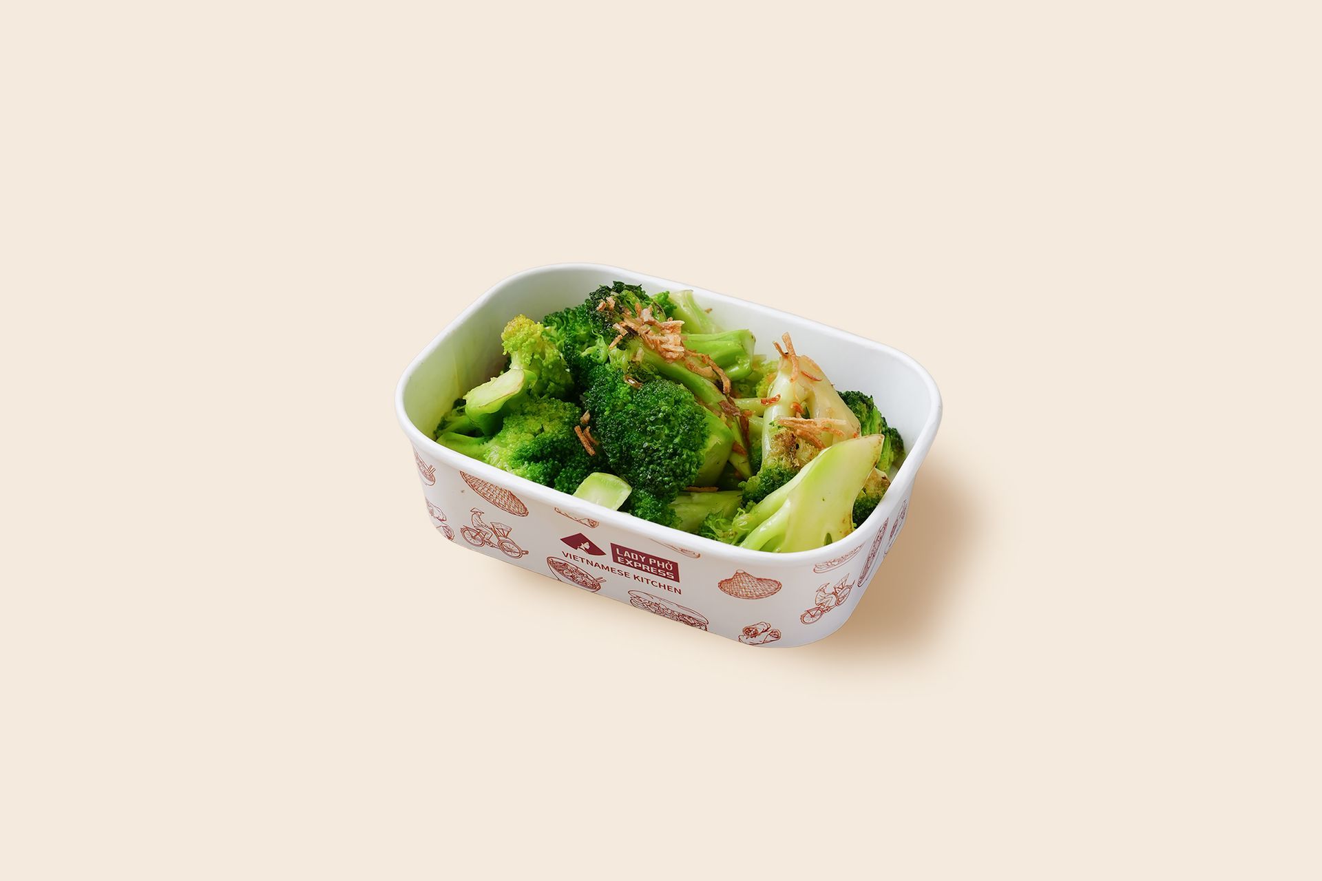 Takeout container of broccoli and mixed vegetables on a plain light background