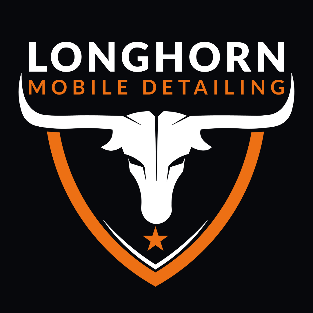 The logo for longhorn mobile detailing shows a bull 's head in a shield.