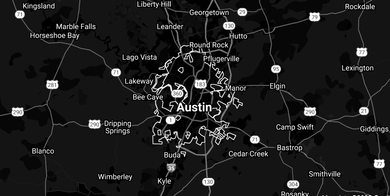 We service Austin, Dripping Springs, Diftwood, and surrounding areas in TX. Black map of mobile car detailing service areas around Austin TX
