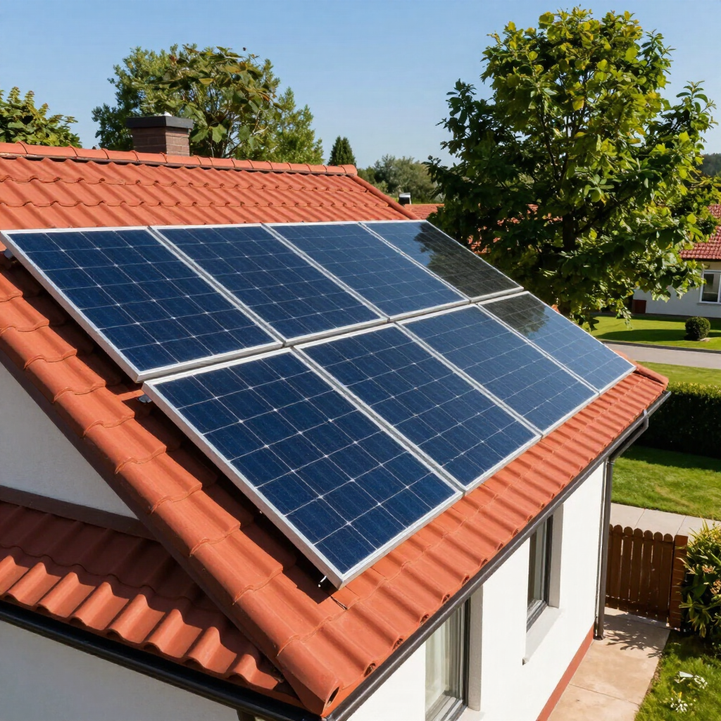 Solar panels mounted on a red-tiled house roof under a clear blue sky.