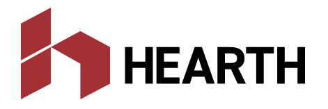 A hearth logo with a red arrow and black text on a white background.