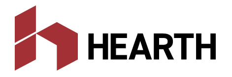 A logo for a company called hearth with a red arrow.