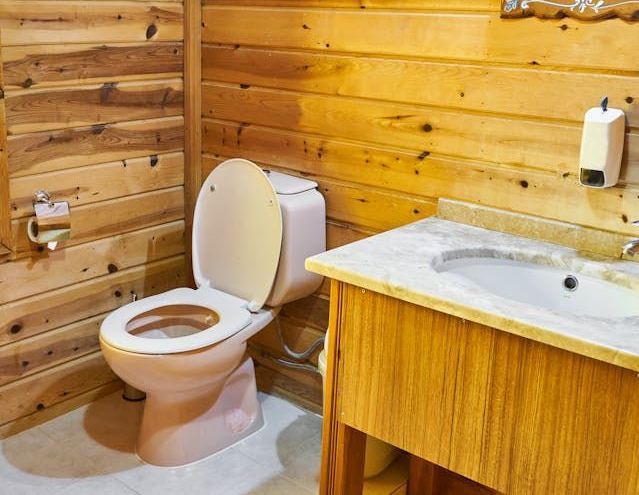 A bathroom with a toilet , sink and wooden walls.