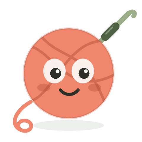 Purl, a smiling ball of coral yarn with a crochet hook