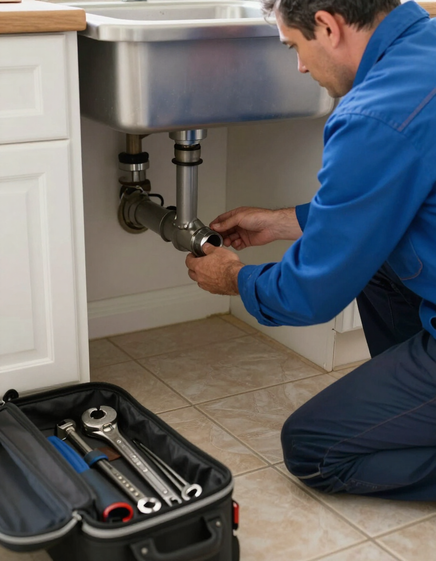 Licensed plumber inspecting under a residential kitchen sink