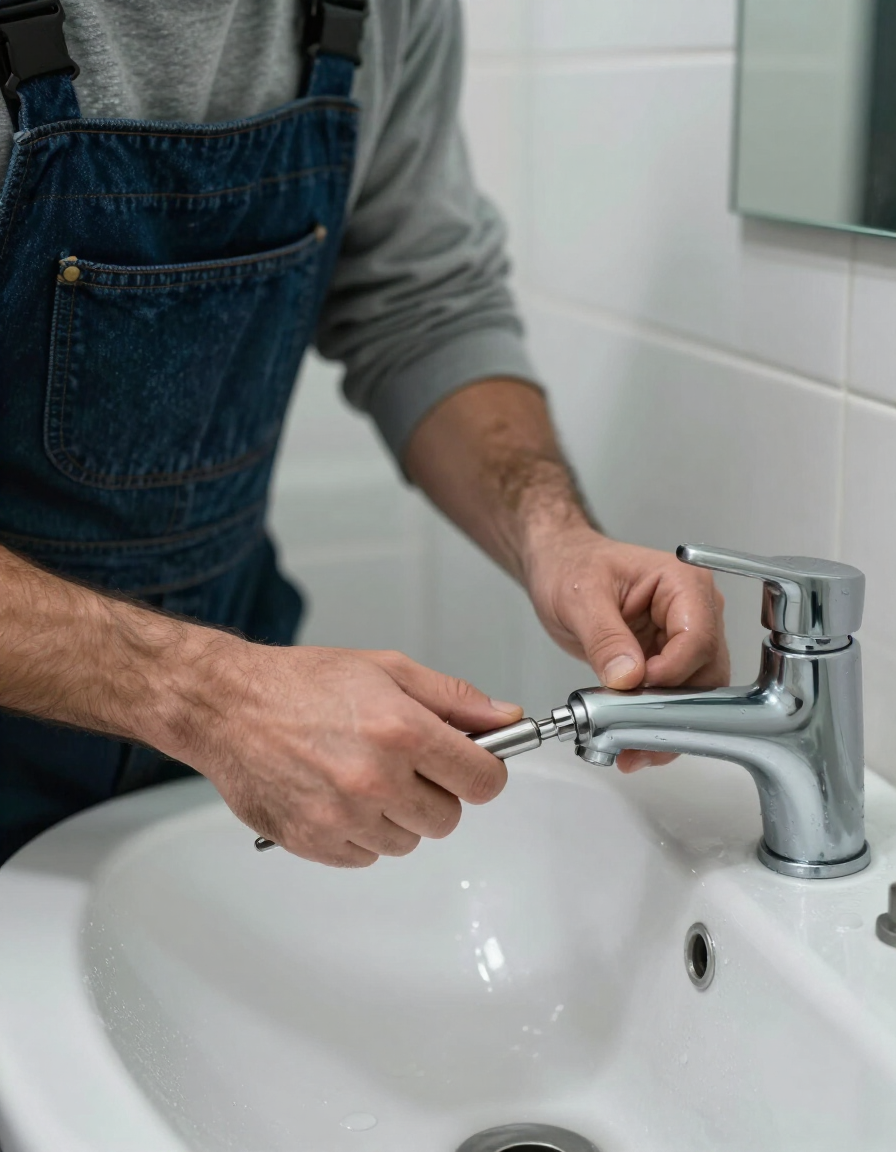 Plumber replacing a bathroom faucet fixture