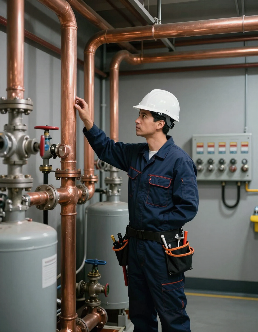 Licensed plumber inspecting commercial mechanical room with copper piping and industrial water heaters