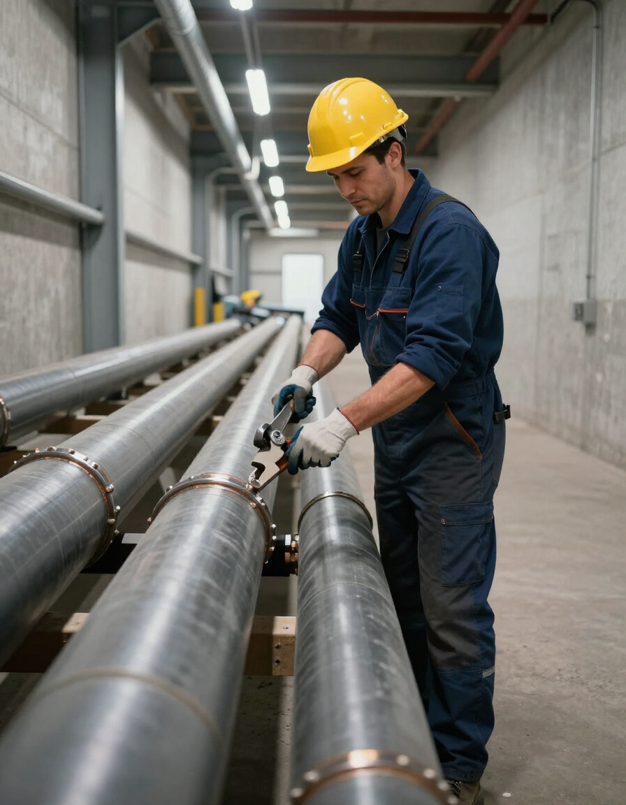 Commercial plumber installing large-diameter pipes in an industrial building corridor