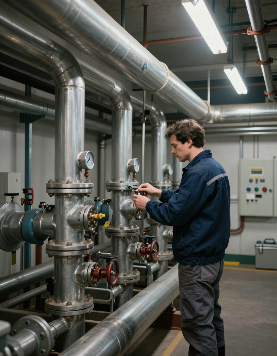Plumber inspecting a commercial boiler room with industrial pipe runs