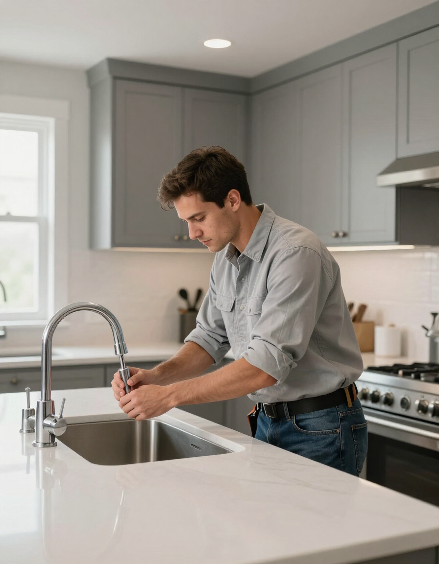 Plumber replacing a kitchen faucet in a modern residential kitchen