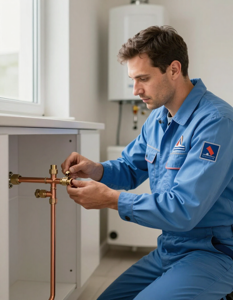 Licensed plumber working on copper pipe fittings in a residential utility room