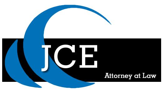 Logo for JCE, Attorney at Law. Blue curved lines with black and white letters.