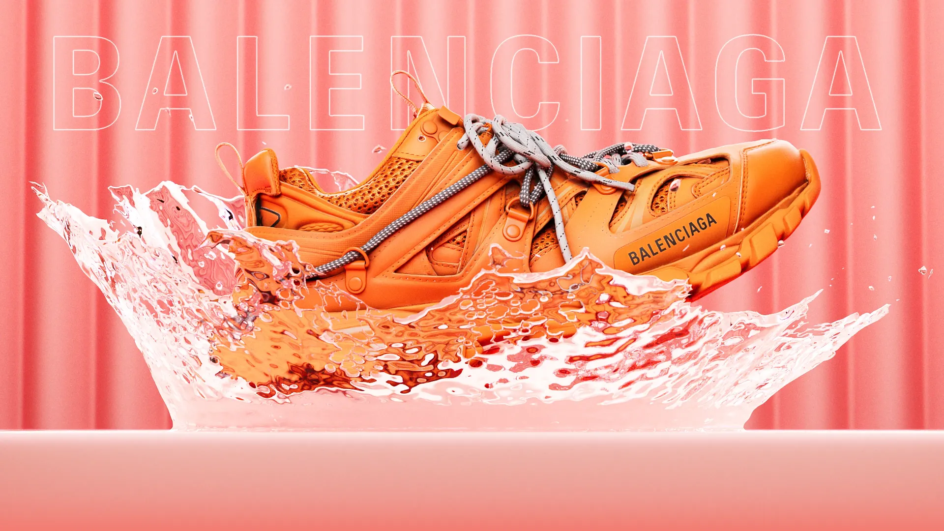 Image of Balenciaga orange trainer with a splash on a pink background