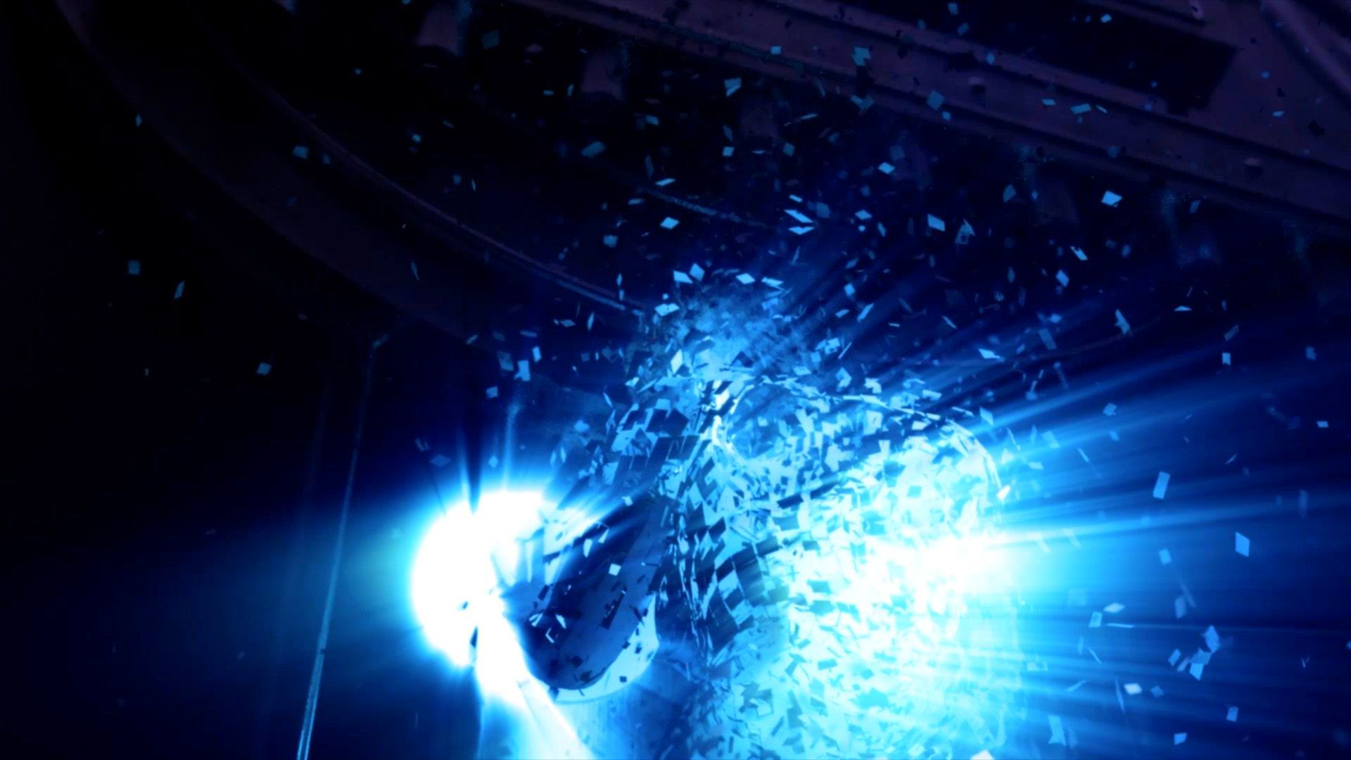 A woman has her hands on 2 huge doors. Light streams from her hands through her body as she starts to  disintegrate. 