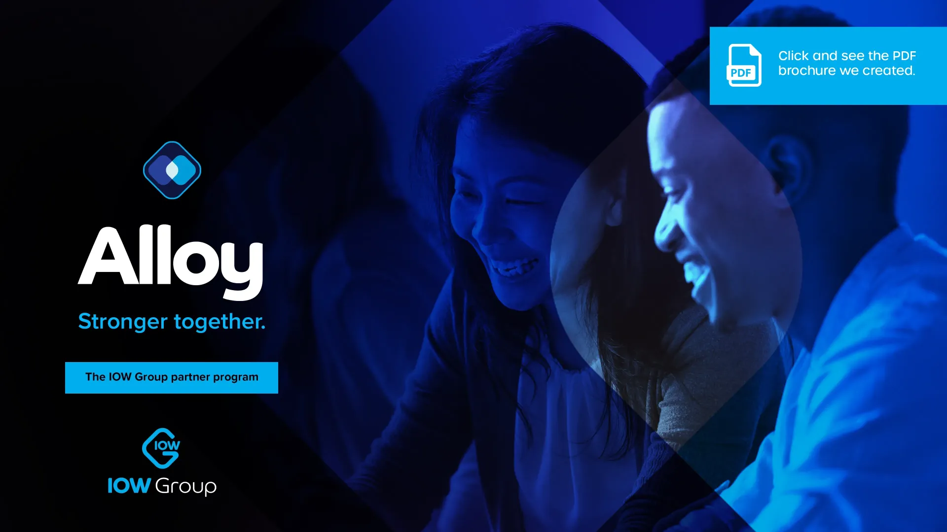 A man and a woman are looking at a computer screen with the word alloy on the bottom. This shows the brochure cover for the partnership program for the IOW Group called Alloy