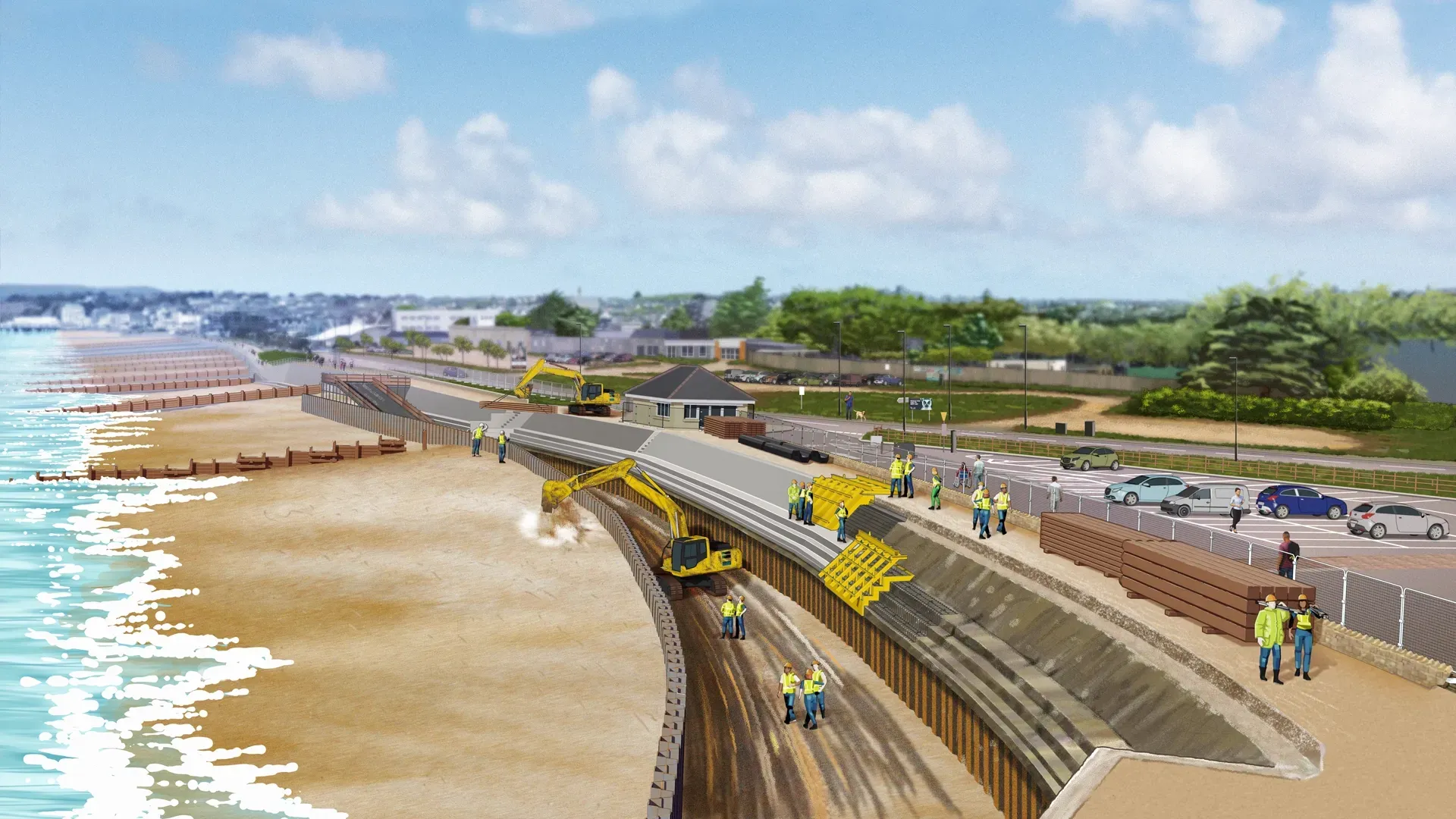 An image showing the construction of the proposed Sandown sea defence improvements and how the sea front and beach will be effected while under construction.