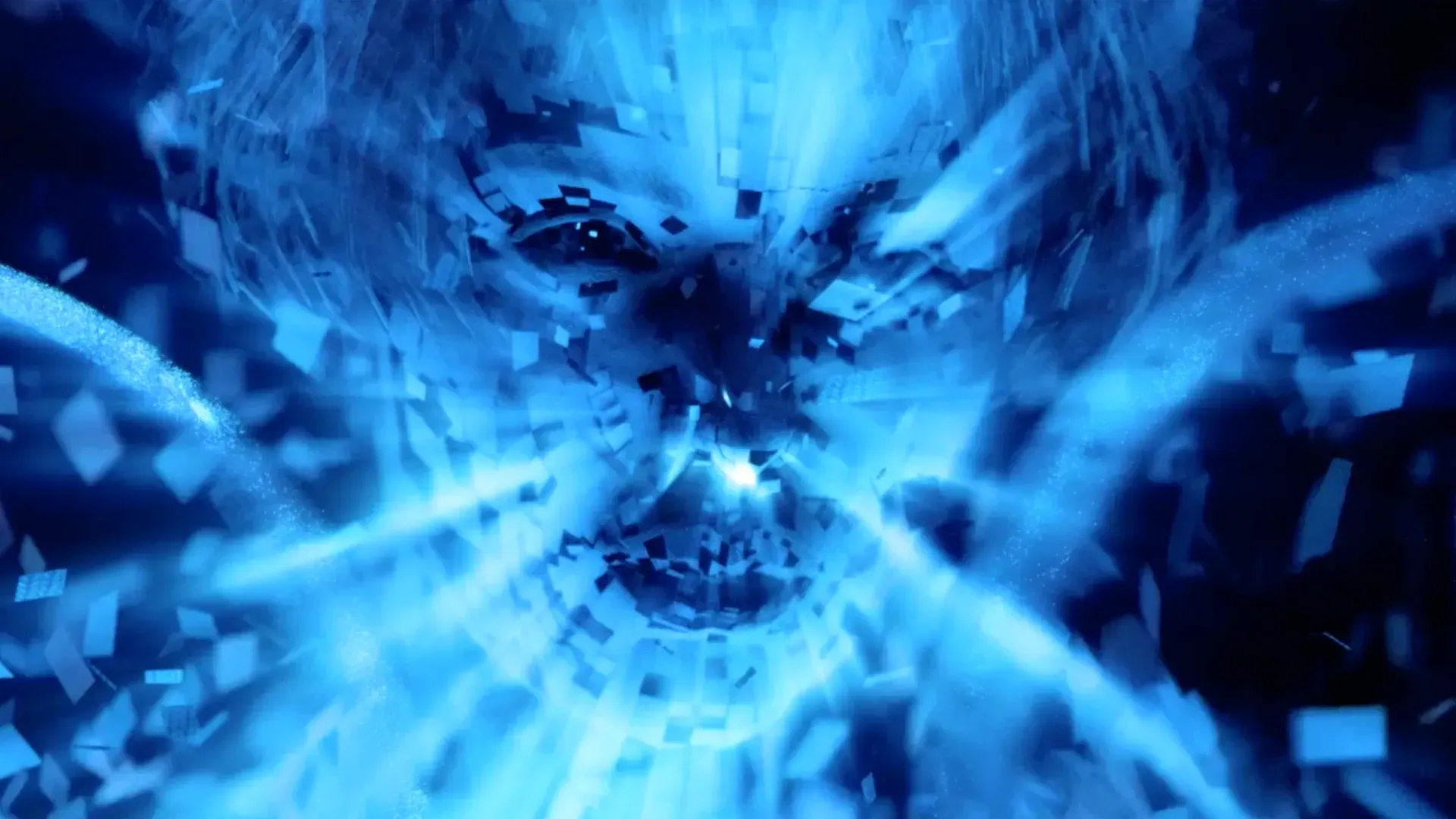 A woman's face is disintegrating and blue light is shining out of her head. Image Created by BAILEYCS.