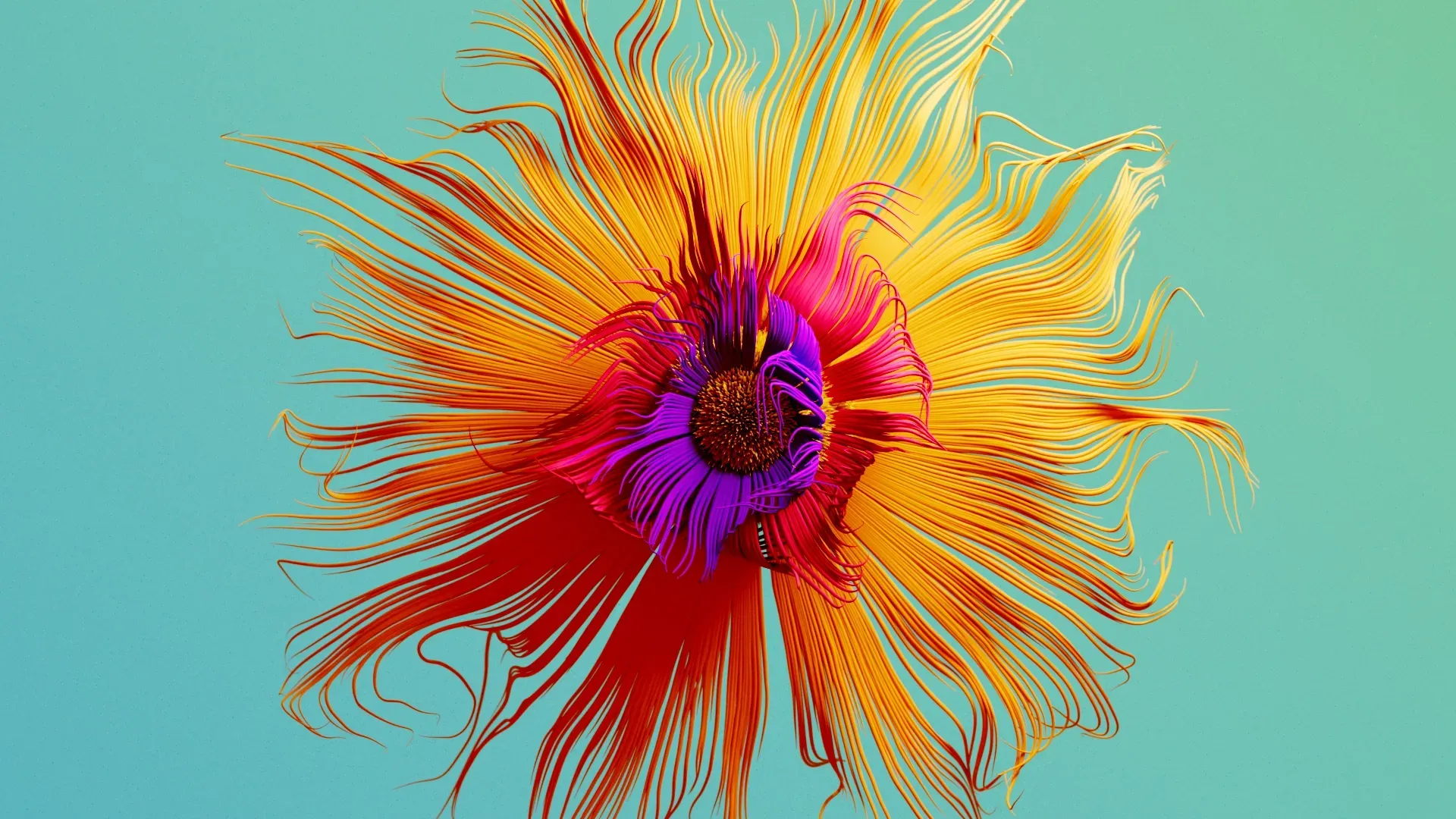 Bright abstract flower-like burst with orange and yellow streaks around a purple center on a turquoise background