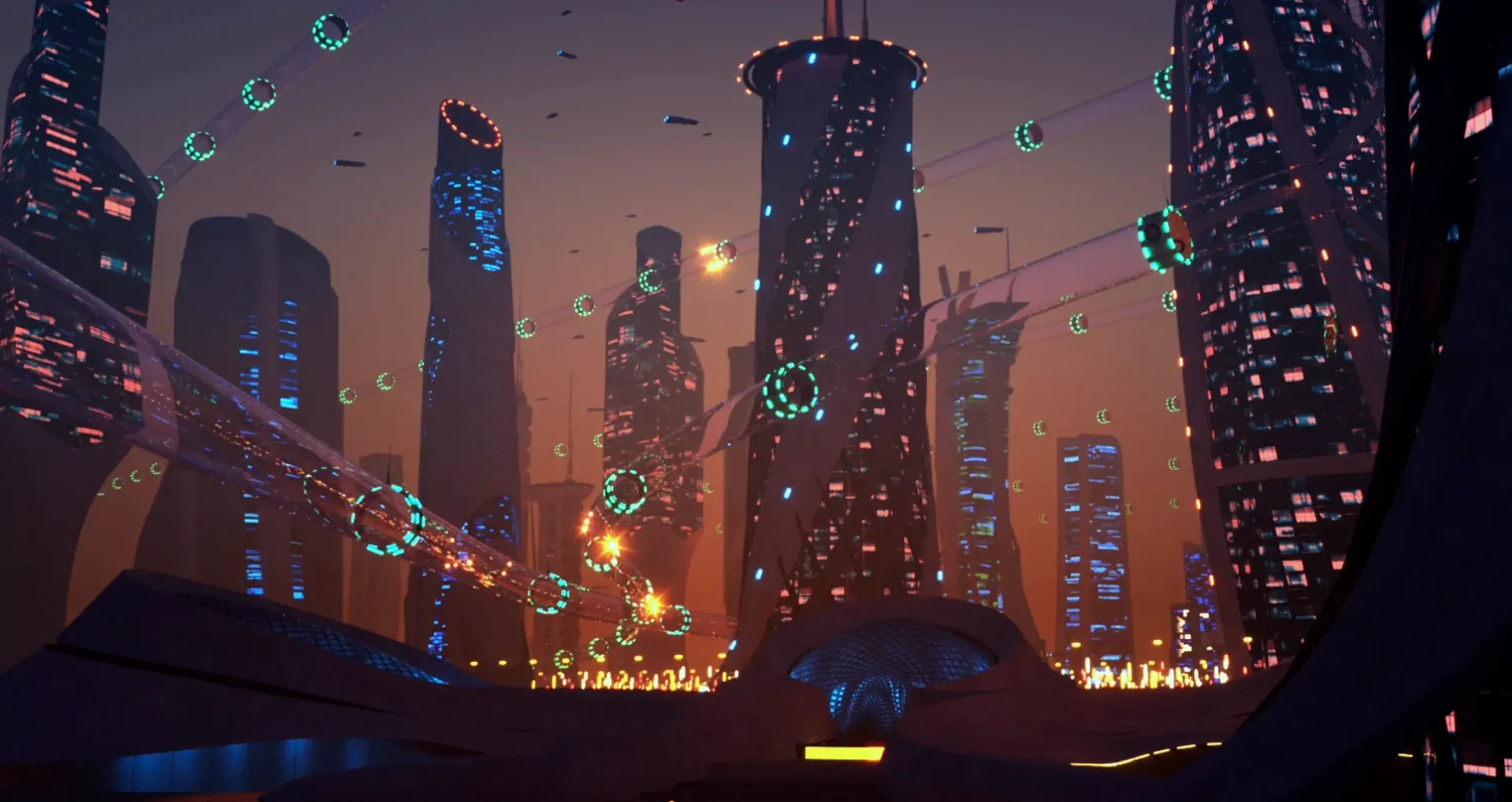 Futuristic city skyline at dusk with glowing skyscrapers and neon-lit towers under a hazy orange sky