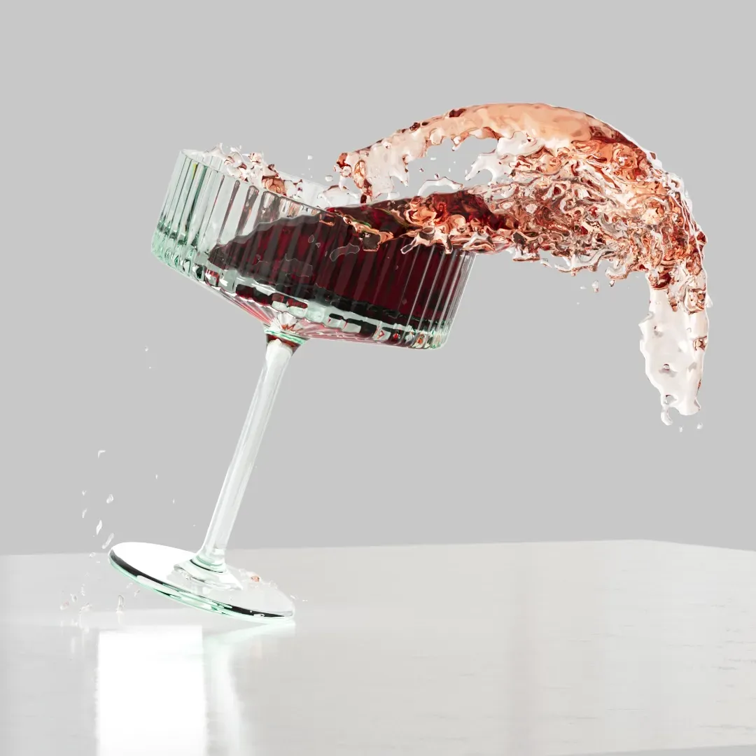 Wine glass tilted, spilling red wine. The scene is set on a white surface, with a gray background. C4D, Redshift.