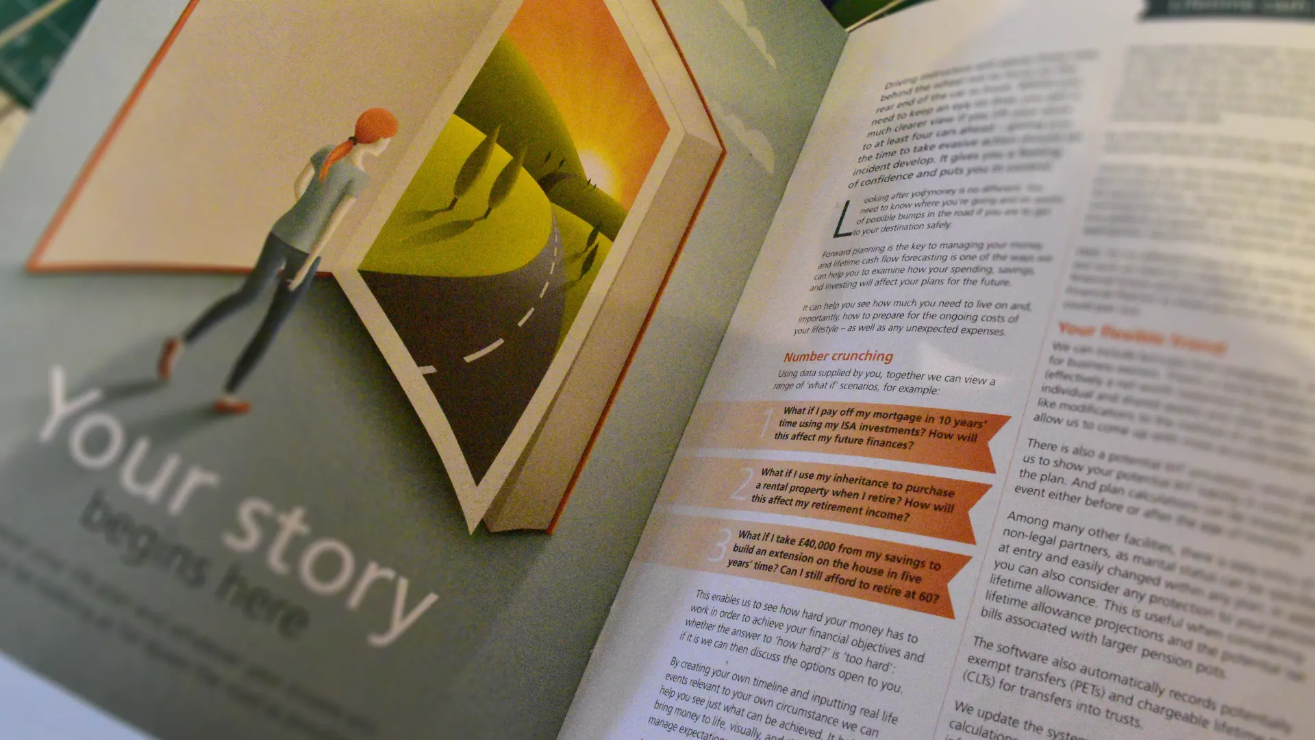 Magazine spread, woman looking into a big book showing a road with a sunset. Text says