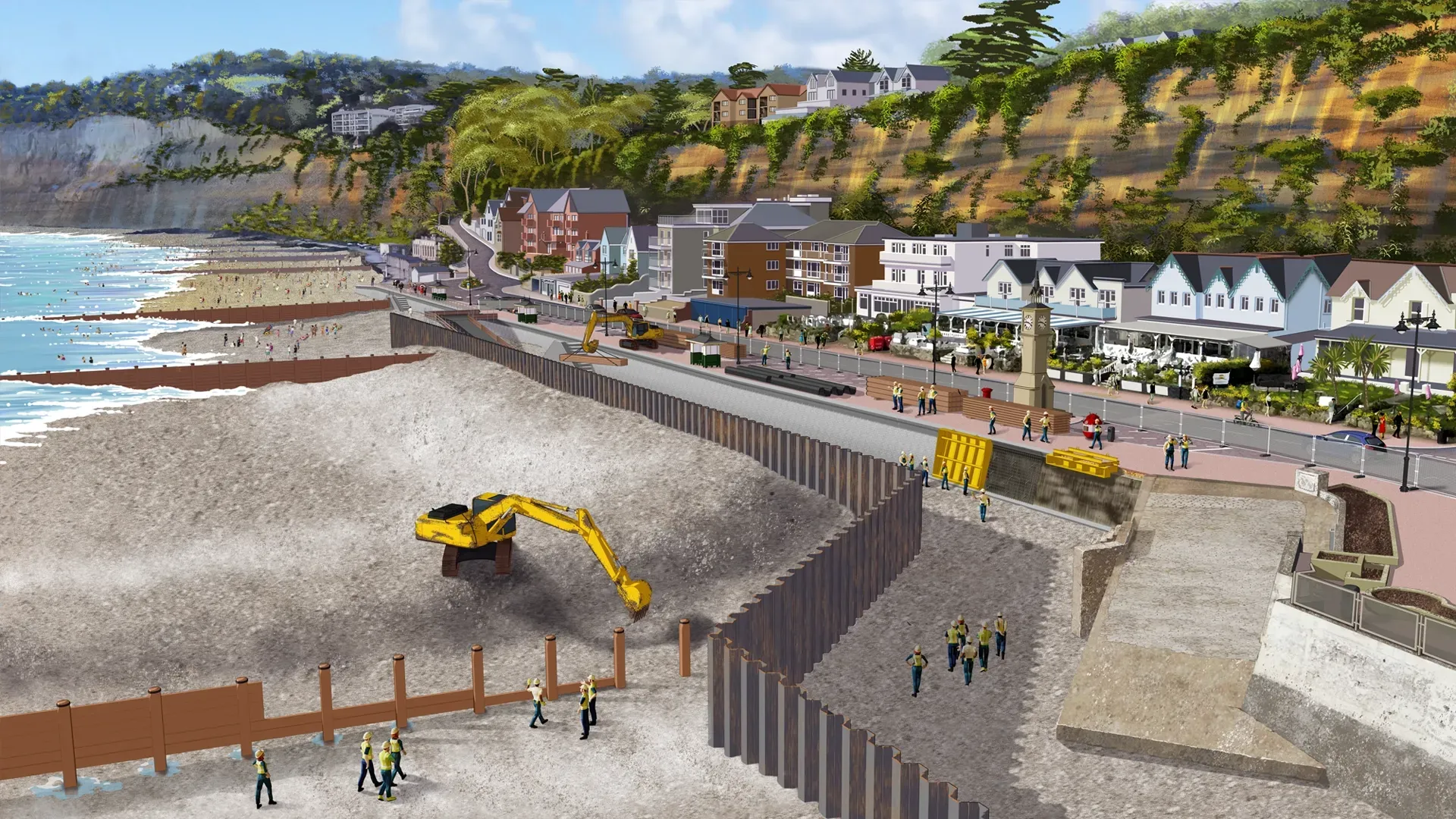 Beach with construction in progress; yellow excavator digs behind wooden barrier, workers in foreground; buildings line the road in the background.