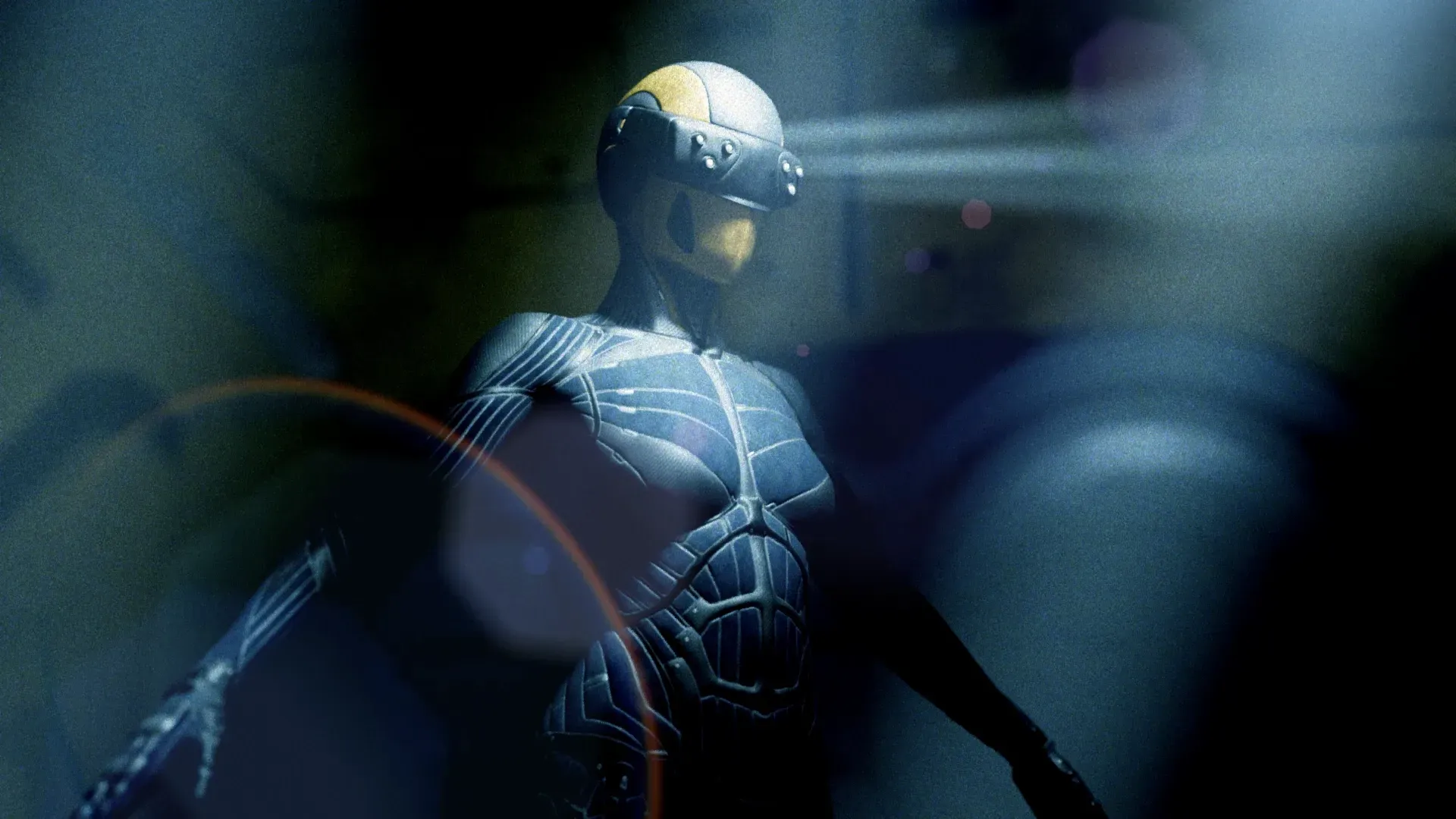 A woman stands in a dark scifi style room dressed in a futuristic all-in-one suit. Light beams from her full face helmet.