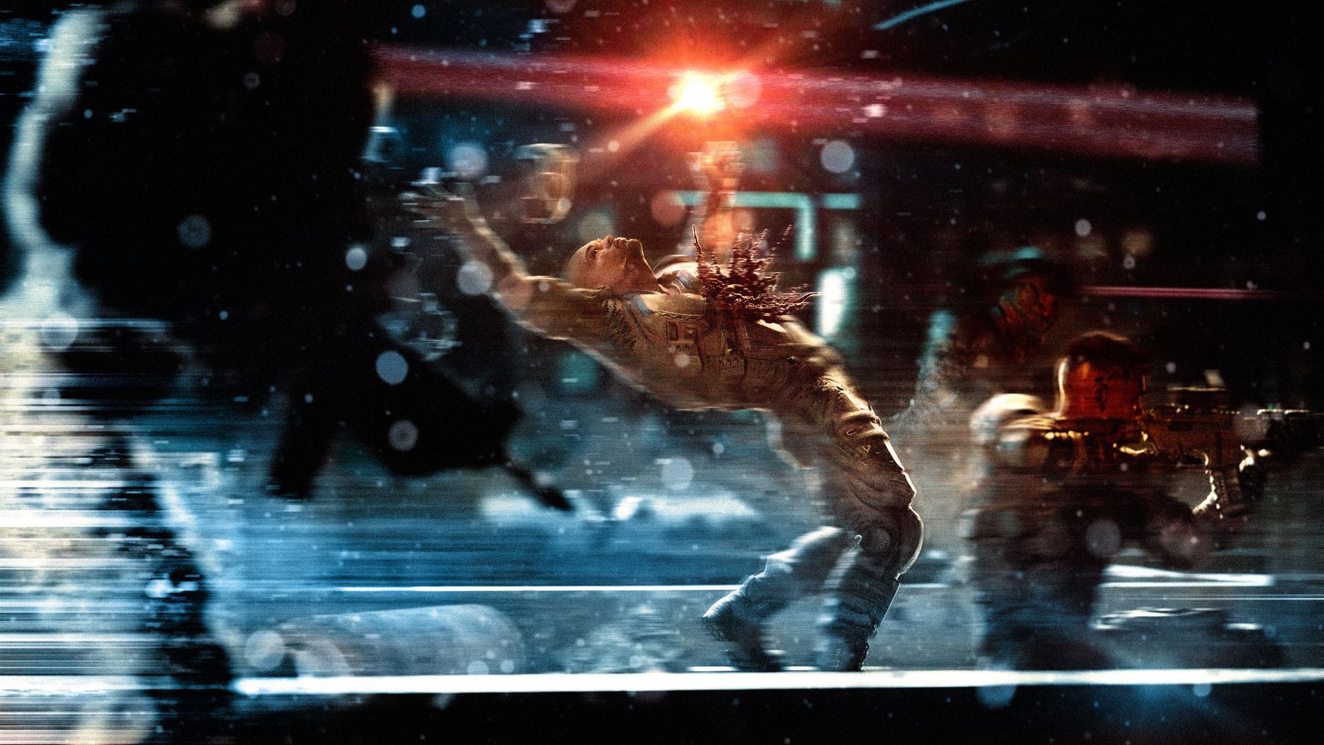Gritty CGI image showing combat scene with one soldier getting shot while others move forward.