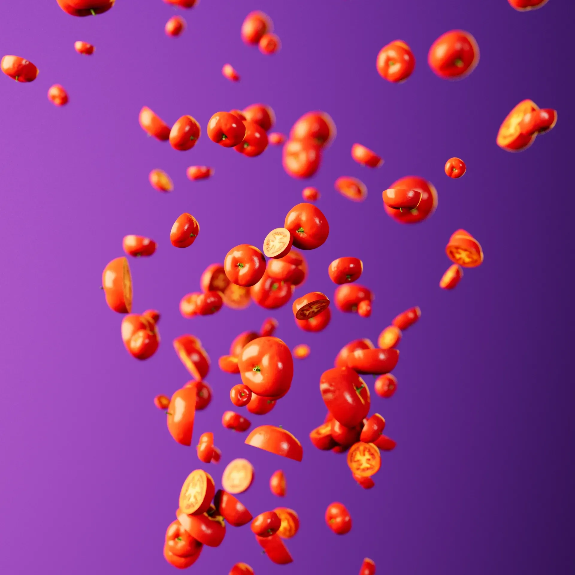 Red tomatoes and tomato slices are suspended against a purple gradient background.