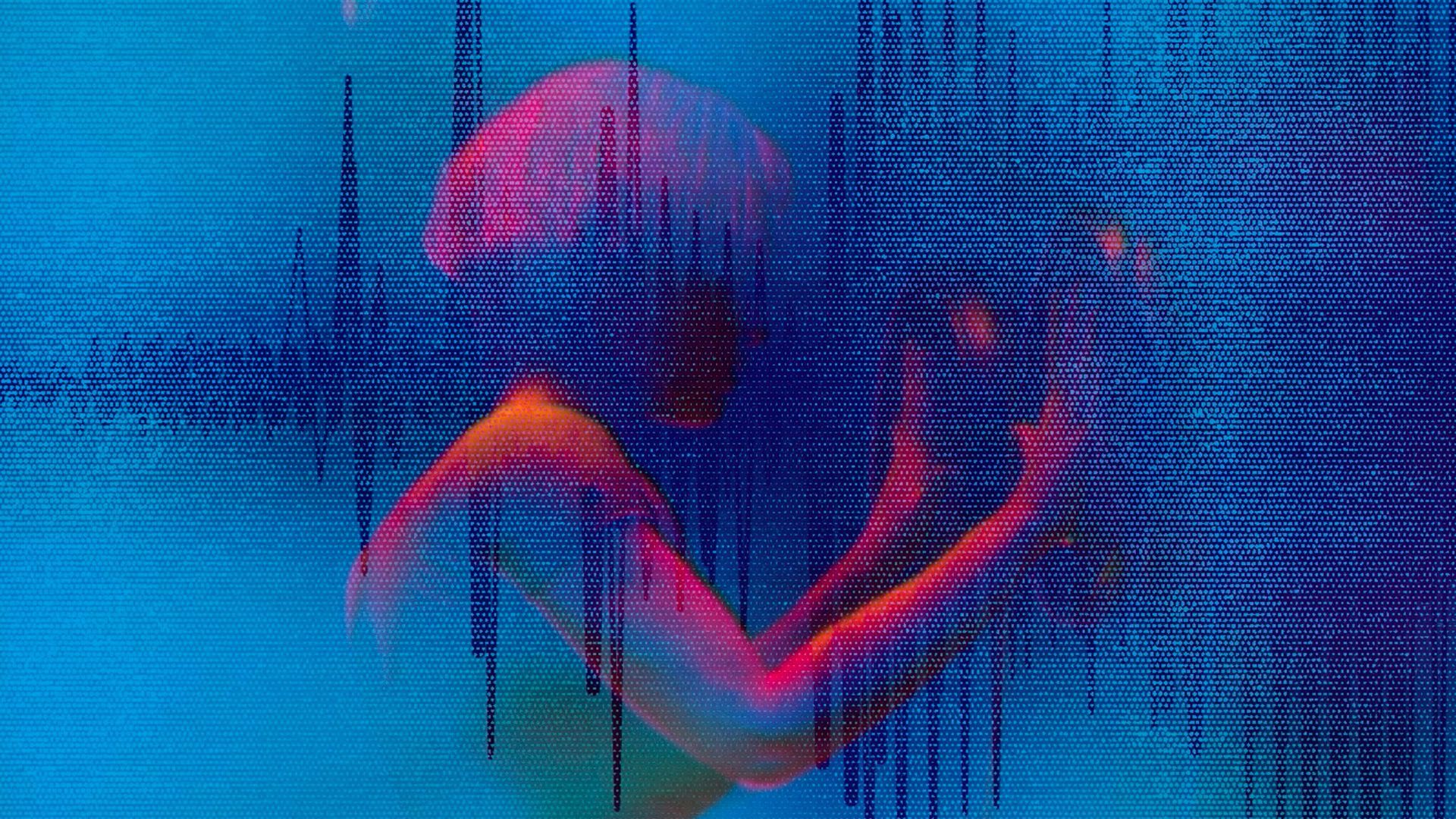 Grungy stylised psychedelic image of woman with her hands on a huge door. The image is blue, pink and orange.