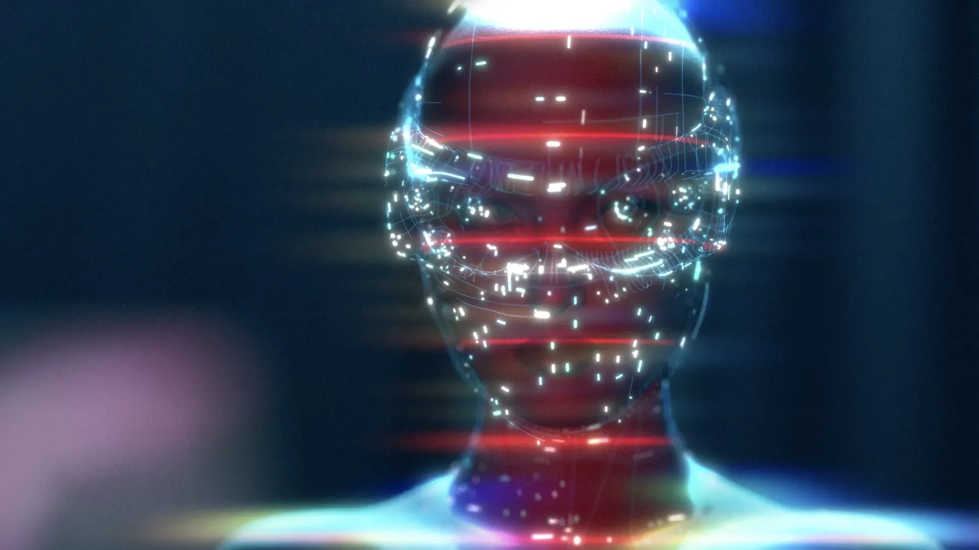 A woman's face is surrounded by flashing lights (Tron like) that follow the poligonal lines of an invisible  suit