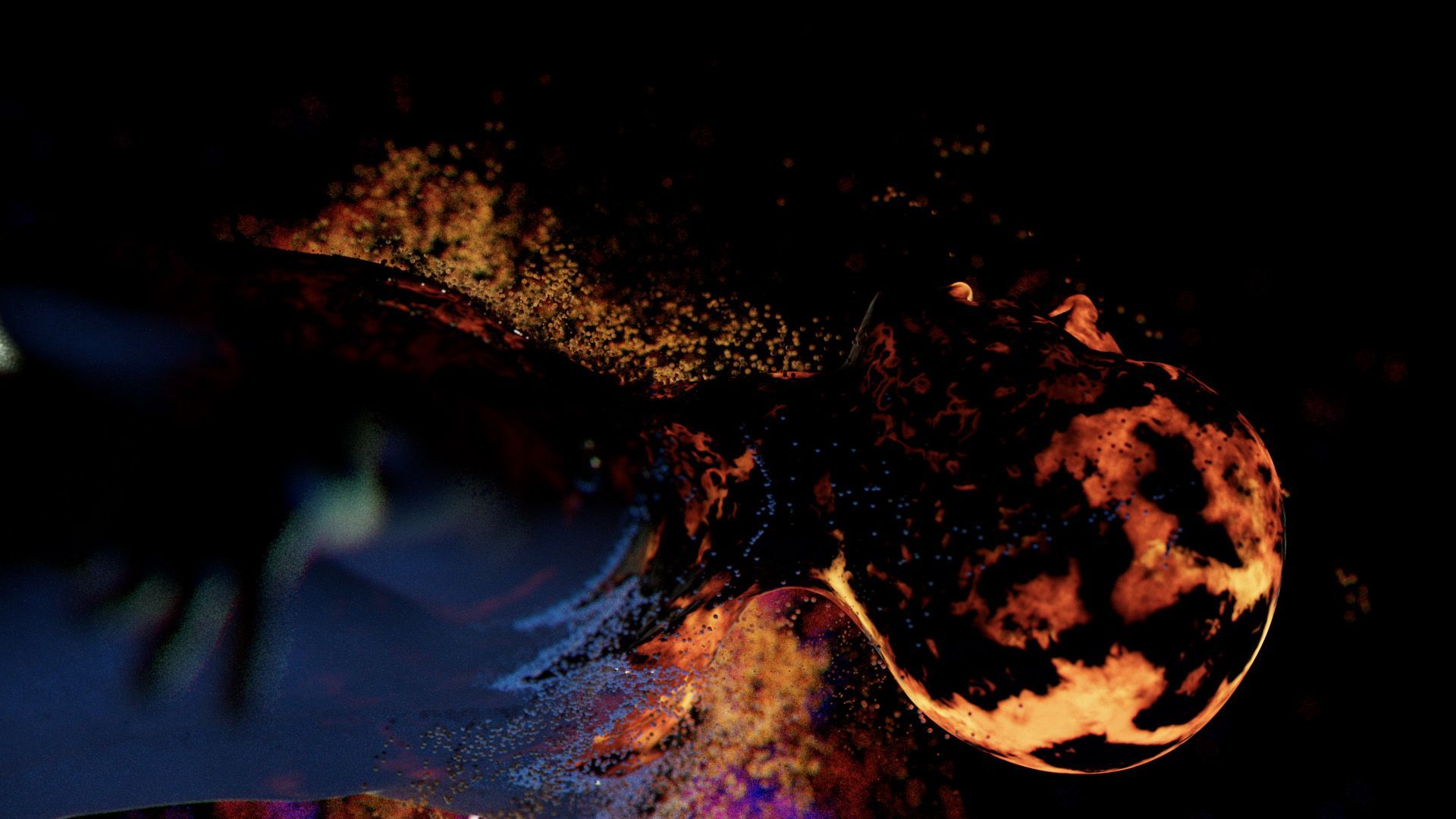 A close up of a woman's head and shoulders. The body is made of lava and the skin is reforming over the body.
