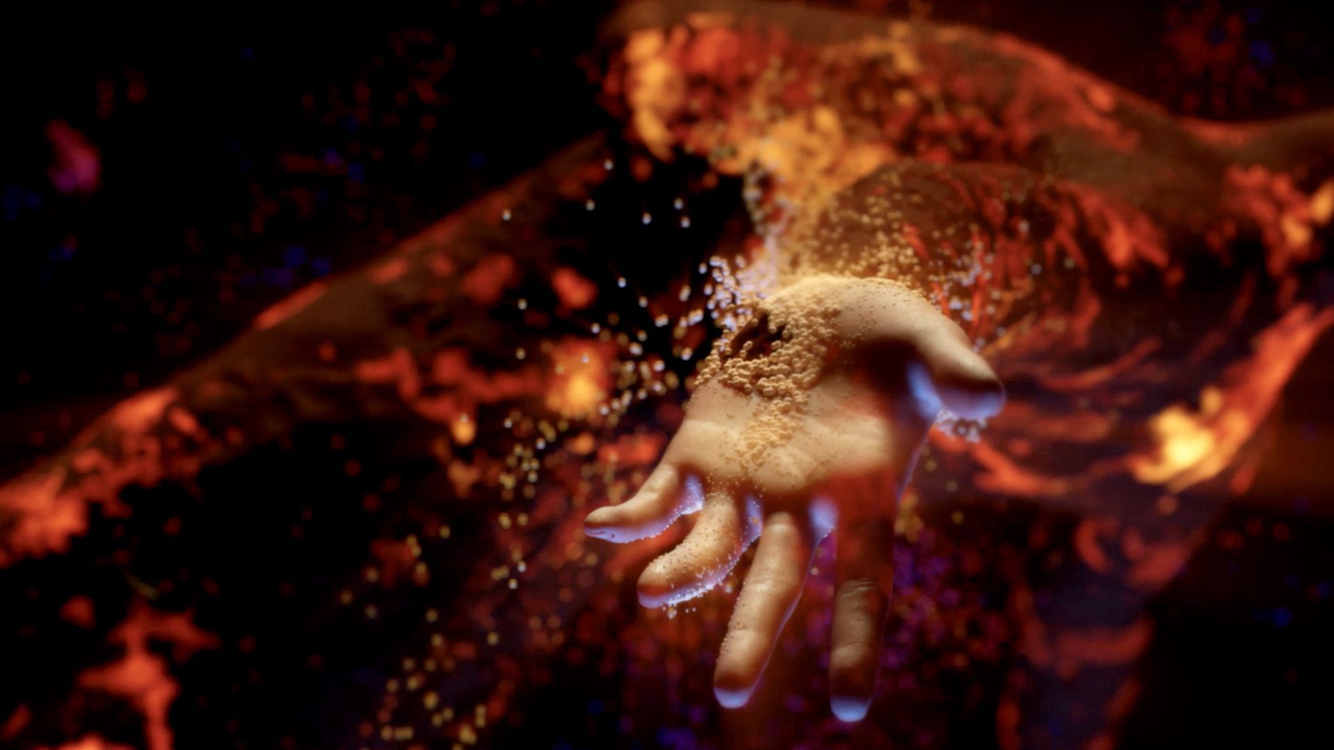 A woman's hand. The body in the background is made of lava and the skin is reforming over the body in a rebirth process.