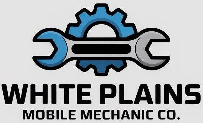 Logo for White Plains Mobile Mechanic Co. featuring a blue gear behind a grey wrench on a light grey background.