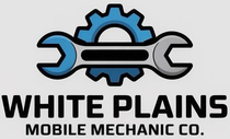Logo for White Plains Mobile Mechanic Co. featuring a blue gear behind a grey wrench on a light grey background.