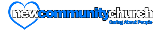 Logo of New Community Church with a blue heart and text: 