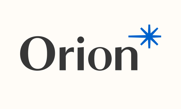Orion wordmark in black serif text with a blue starburst symbol above the last letter.