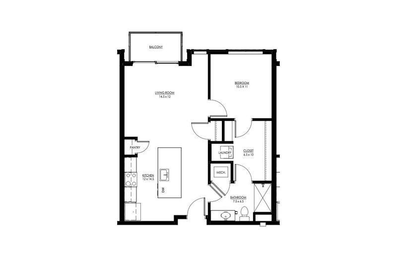 Floor plan of an apartment with a kitchen, living area, bedroom, and bathroom.