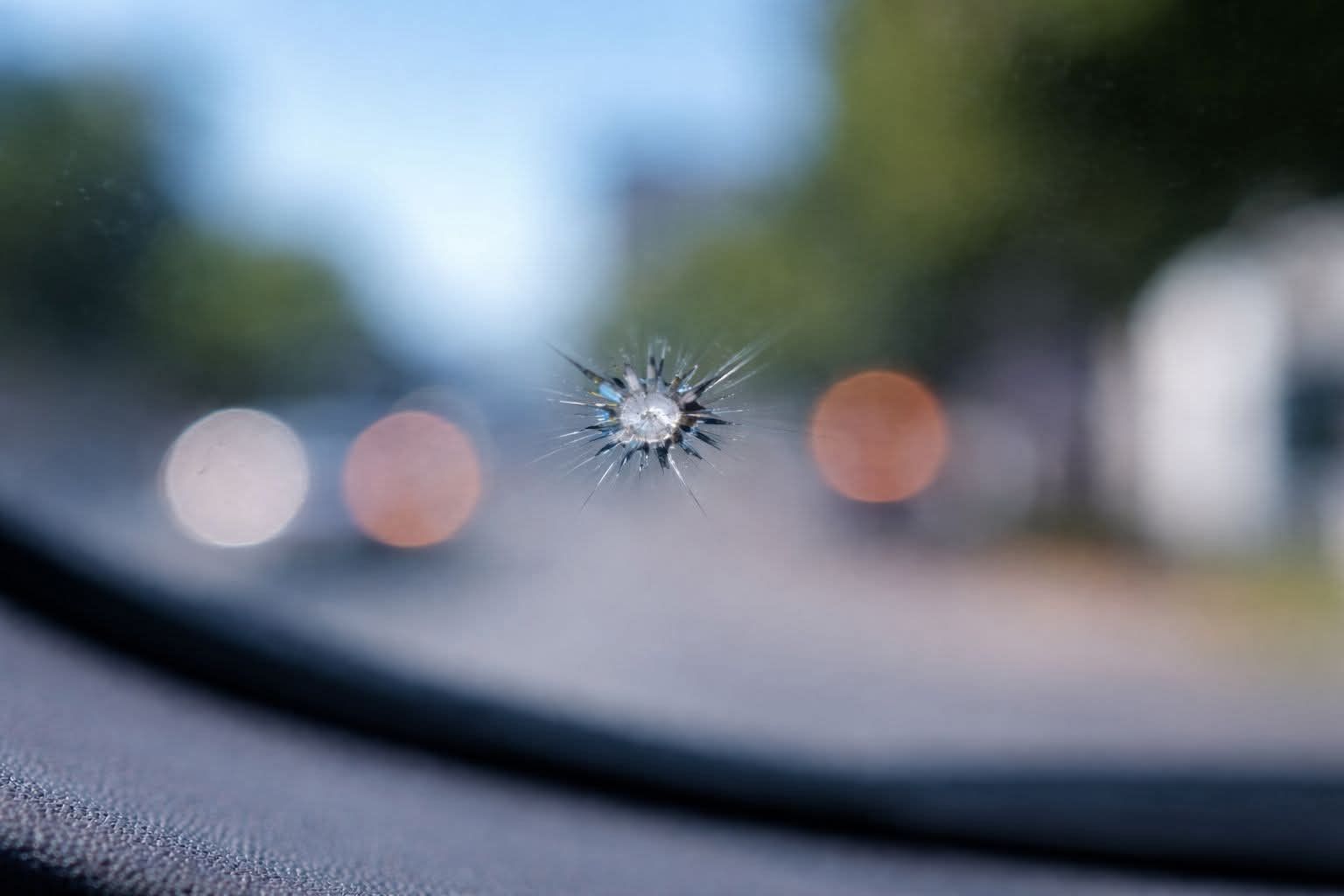 Cracked windshield with blurred street lights and trees in the background