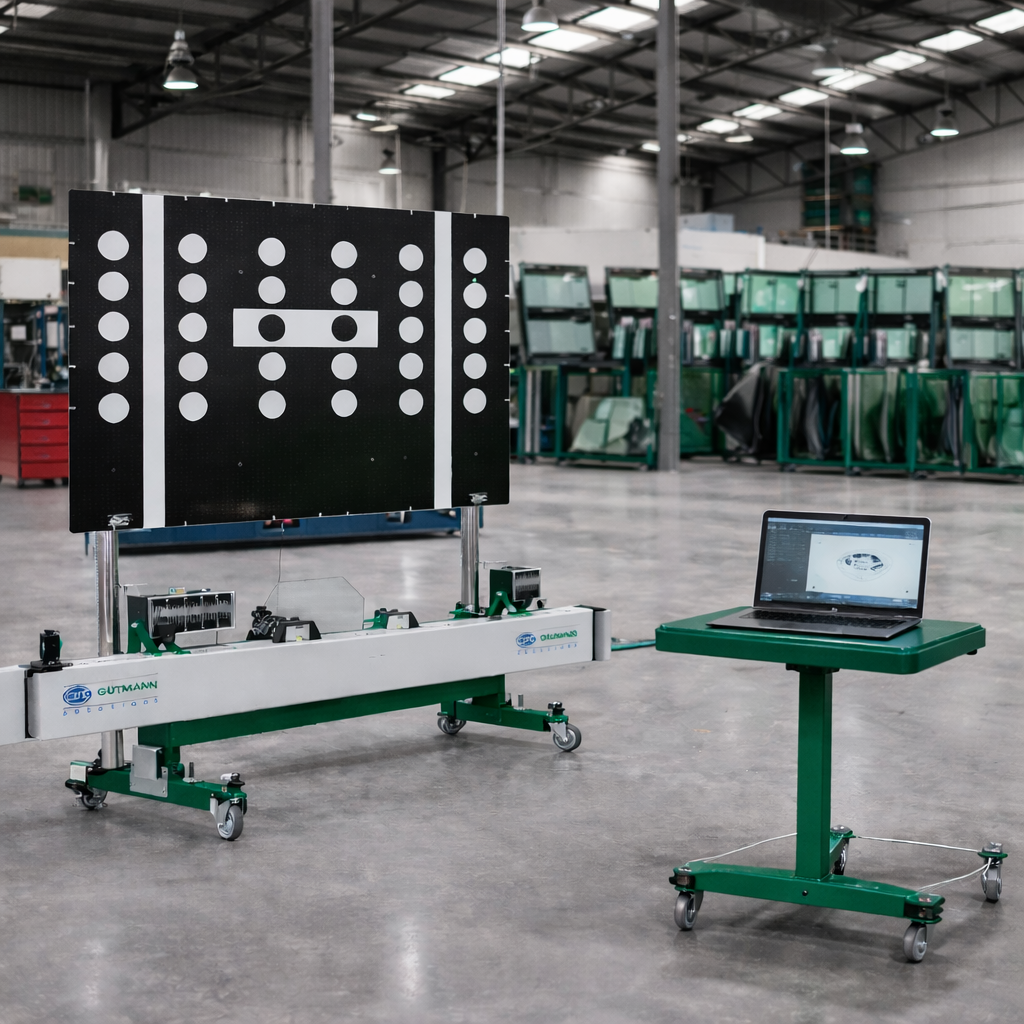 Workshop setup with a large digital display, wheeled equipment cart, and laptop in an industrial warehouse.