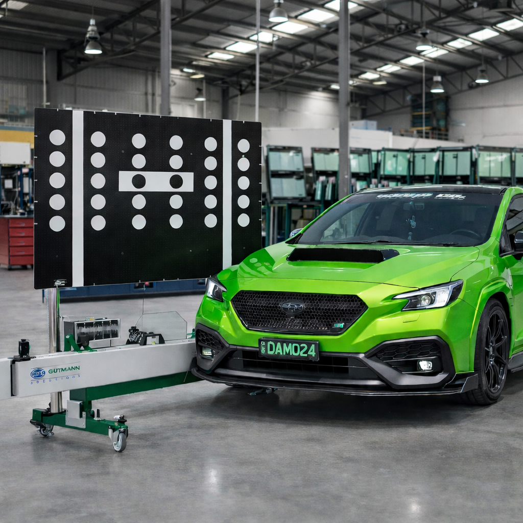 Bright green car on an indoor test rig in a factory garage with measurement panels behind it
