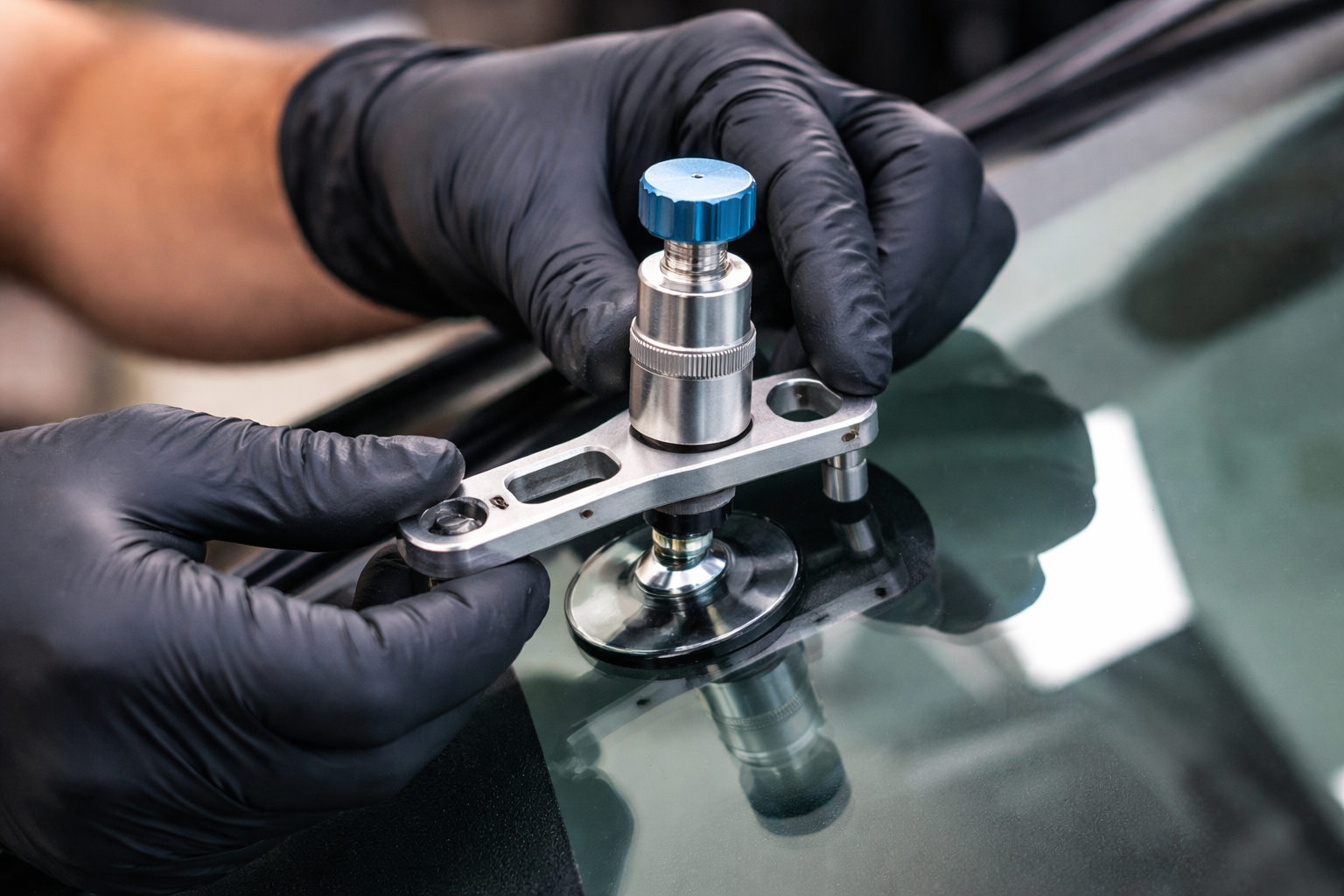Gloved hands using a metal suction tool on a glass surface during repair