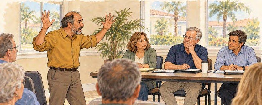 Illustration of a frustrated owner gesturing while addressing directors at a condominium board meeting