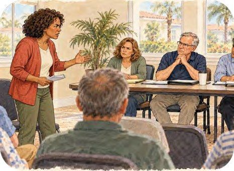 Illustration of an owner speaking up while directors listen at an HOA board meeting